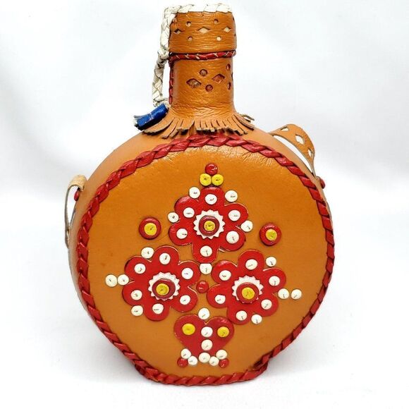 Vtg European Floral Folk Art Leather Covered Glass Flask Brown Red Yellow Blue - Picture 1 of 8
